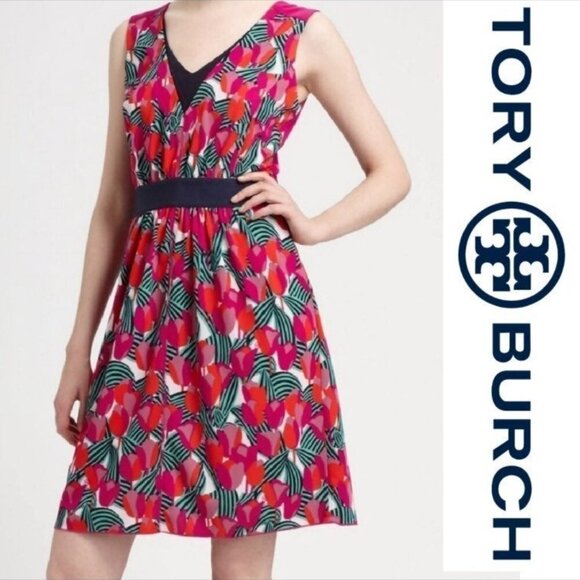 Tory Burch FLORAL TULIP AUGUSTINA DRESS KNEE LENGTH V Neck Small - Picture 1 of 7